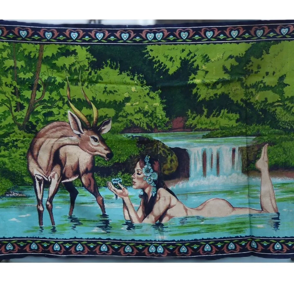 Vintage RT RTC Velvet Felt Tapestry Nude Nymph Fairy Goddess Gazelle 48 x 32